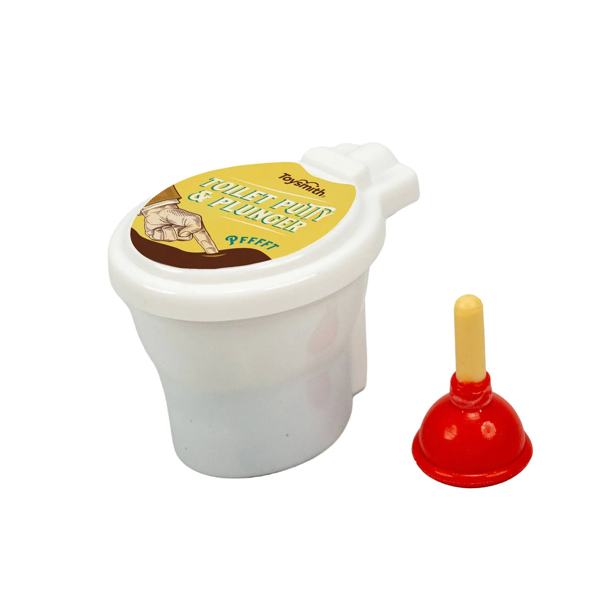 Toysmith Toilet Putty & Plunger: a white mini toilet container with a yellow label lid, next to a small red toy plunger.