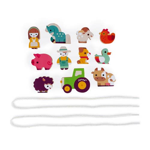 Wooden farm-themed beads displayed next to two strings.