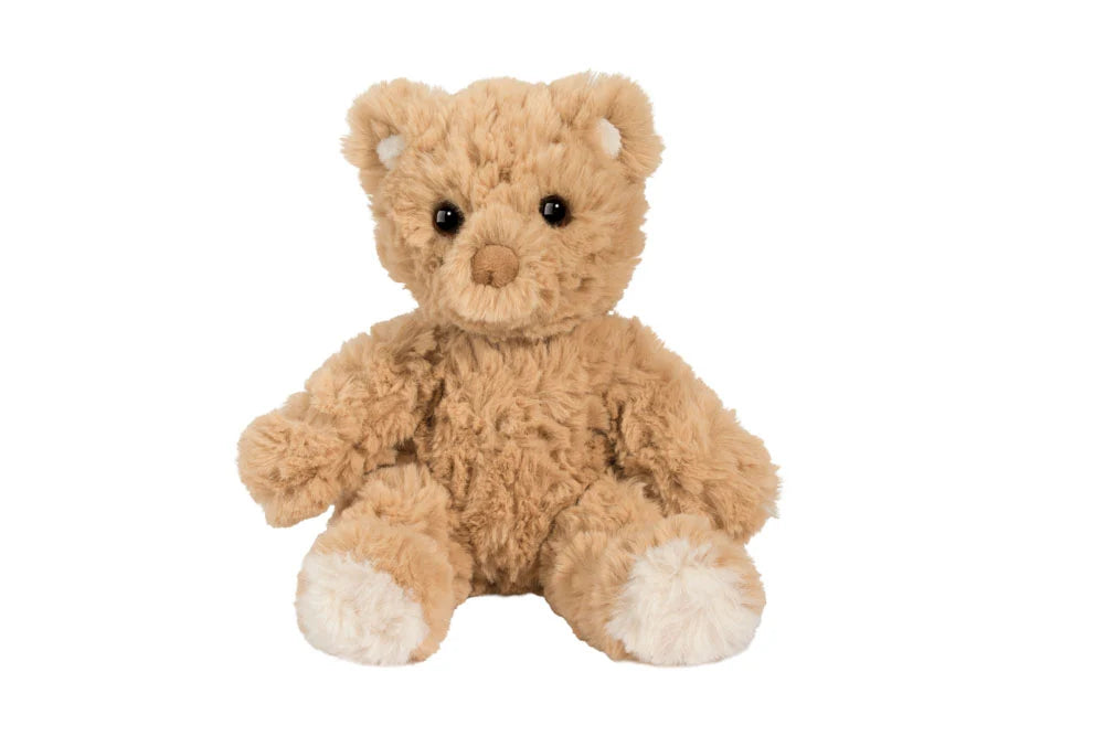 Douglas Co. Arthur small teddy bear soft plush stuffed animal in golden tan with curly fur, black eyes, and white paw pads, seated upright on white background