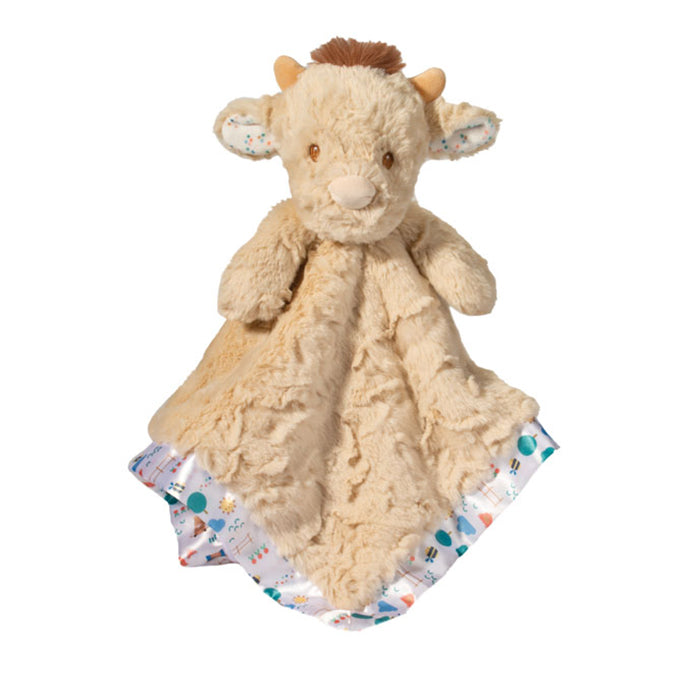 Douglas Co. Hayes Highland Cow Lil' Snuggler soft plush with satin accents, fluffy Highland coat, gentle horns, and sweet embroidered expression