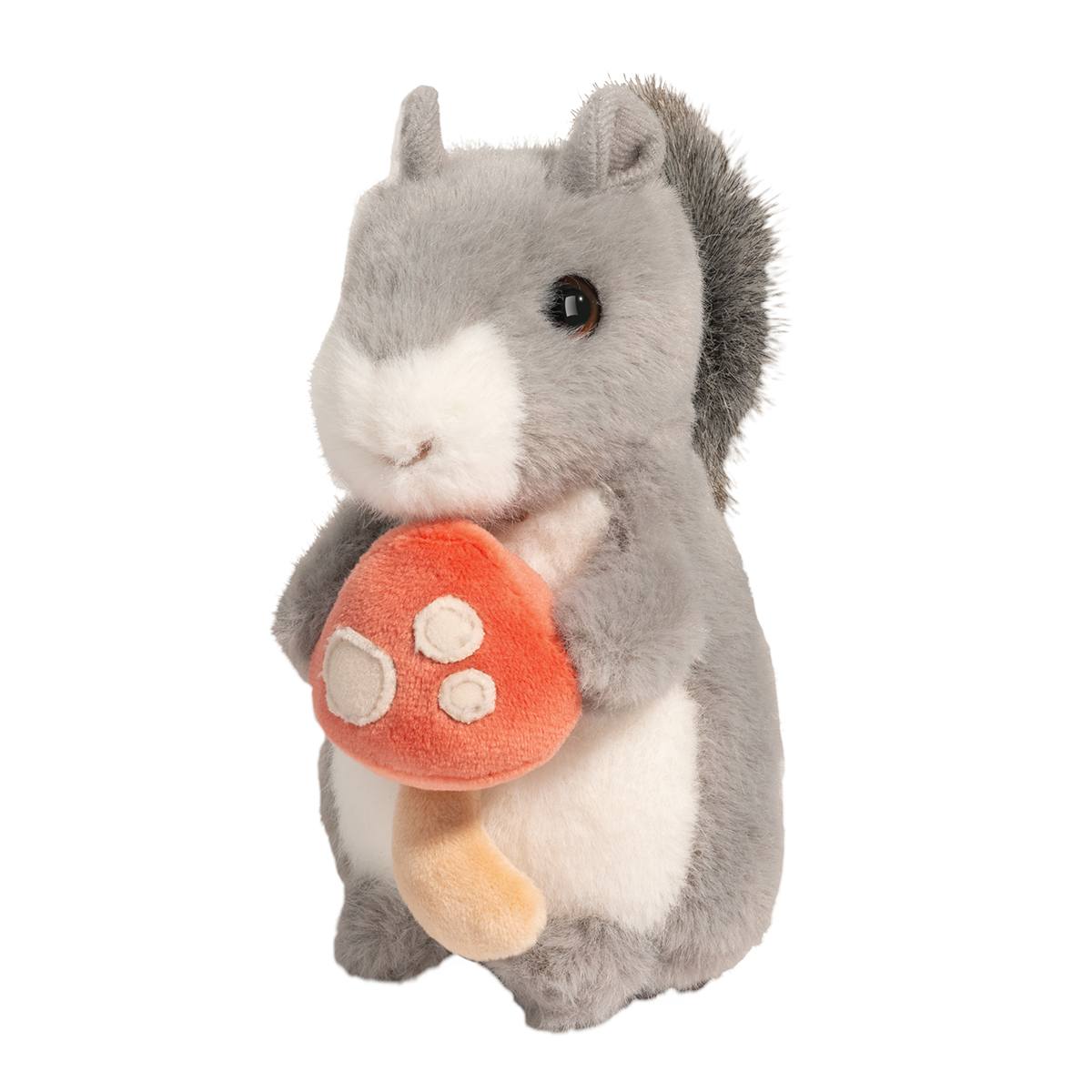 Douglas Co. soft plush squirrel stuffed animal holding a spotted mushroom between its paws with dark eyes and cheerful smile