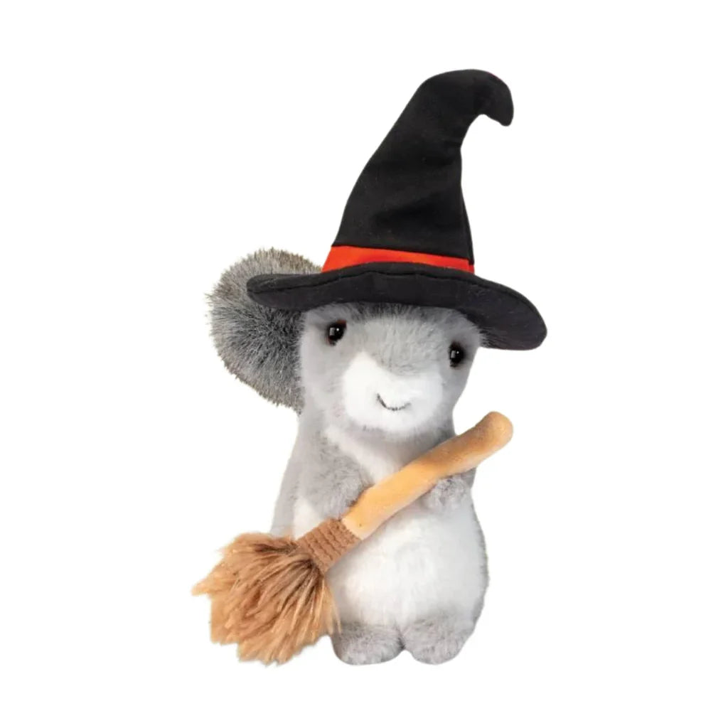 Douglas Co. soft plush squirrel stuffed animal dressed in black witch hat and holding a miniature broom, 8.5 inches tall