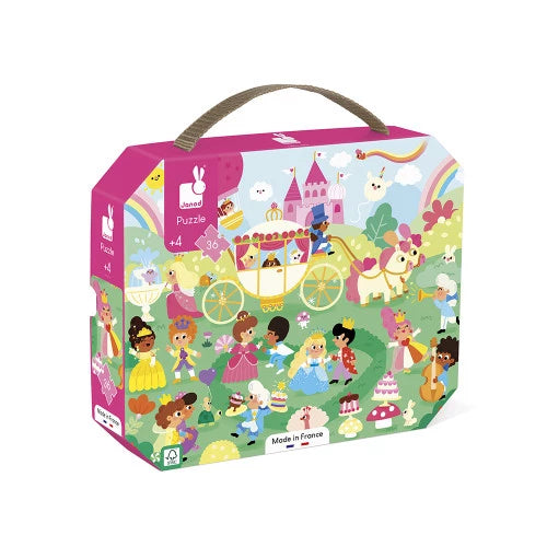 Children's puzzle box with colorful illustrations of princesses, castles, and a carriage on a white background.