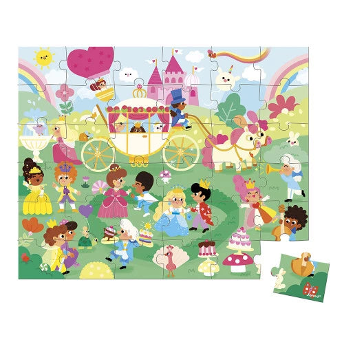 Children's puzzle with princesses, a horse drawn carriage, rainbows, and a castle.