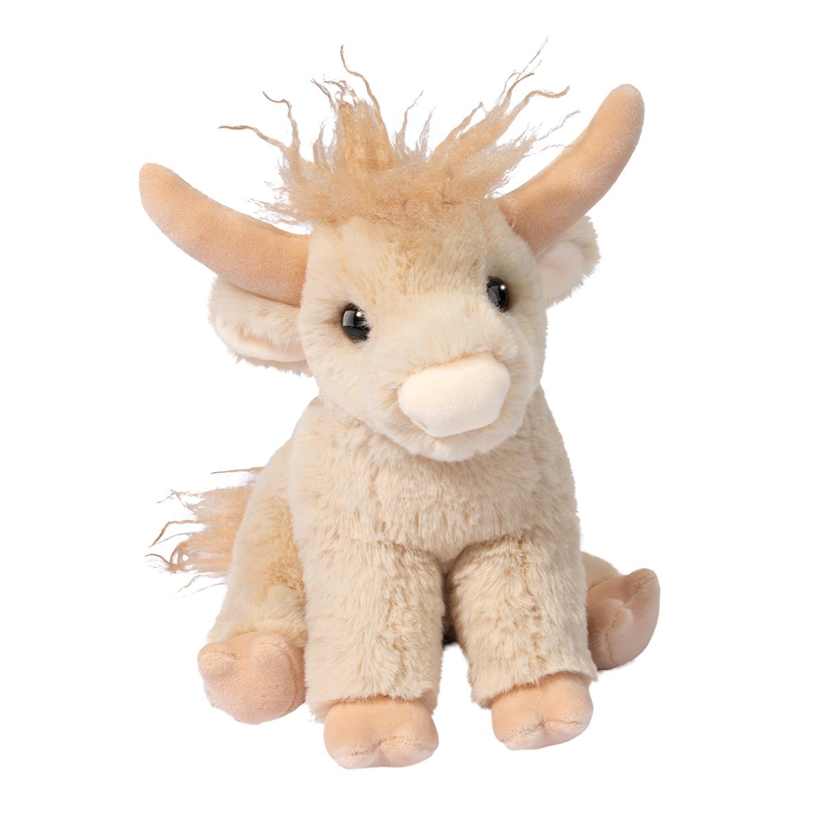 Douglas Co. Scottie mini Highland Cow plush with soft beige fur, faux fur tuft on head, and curved horns