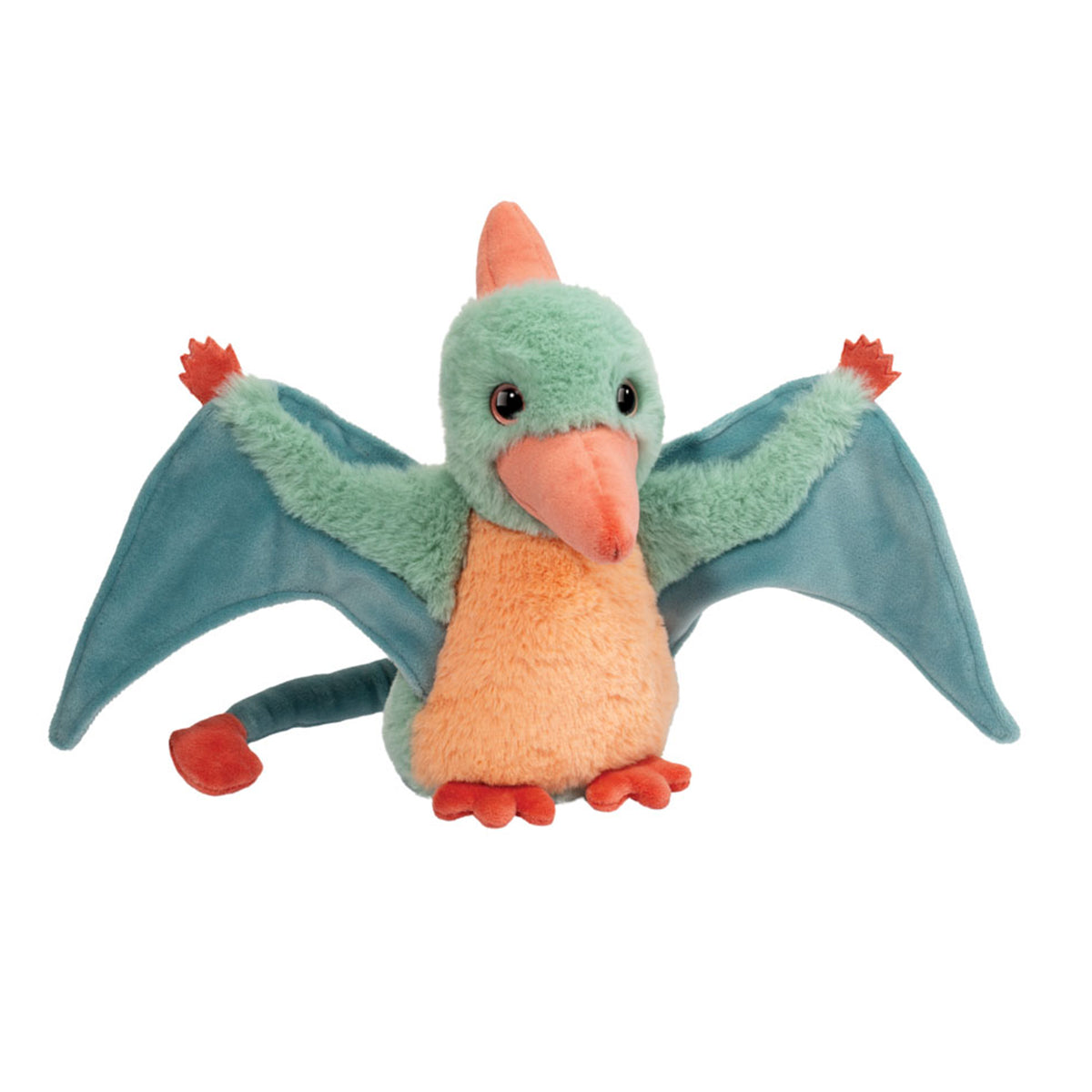 Douglas Co. Terrie Pterodactyl soft fleece plush in peach, blue, and teal with padded outstretched wings, squishy belly, and bright friendly eyes