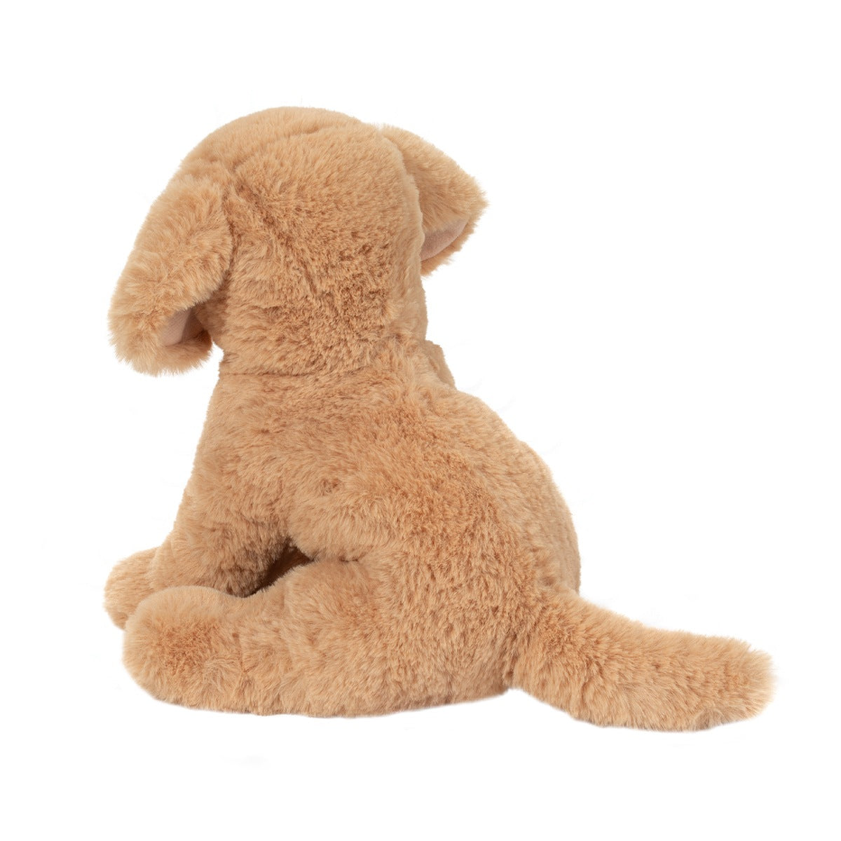 Douglas Co. Goldie Soft Golden Retriever plush stuffed animal in buff colored fur with floppy posable bean-weighted body and adoring embroidered eyes back view with tail