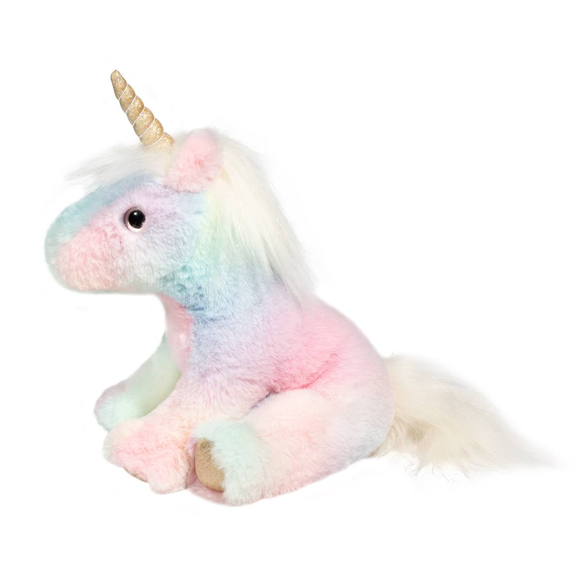 Douglas Co. Kylie Rainbow Unicorn soft plush stuffed animal in pastel rainbow colors with iridescent accents, silky fluffy mane and tail, and bean-weighted feet side view 