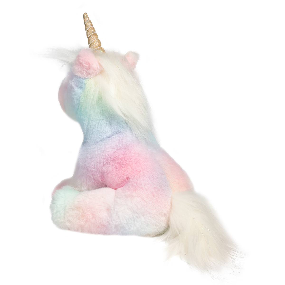 Douglas Co. Kylie Rainbow Unicorn soft plush stuffed animal in pastel rainbow colors with iridescent accents, silky fluffy mane and tail, and bean-weighted feet back view of fluffy white main and fluffy white tail