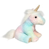 Douglas Co. Kylie Rainbow Unicorn soft plush stuffed animal in pastel rainbow colors with iridescent accents, silky fluffy mane and tail, and bean-weighted feet side view with golden metallic horn