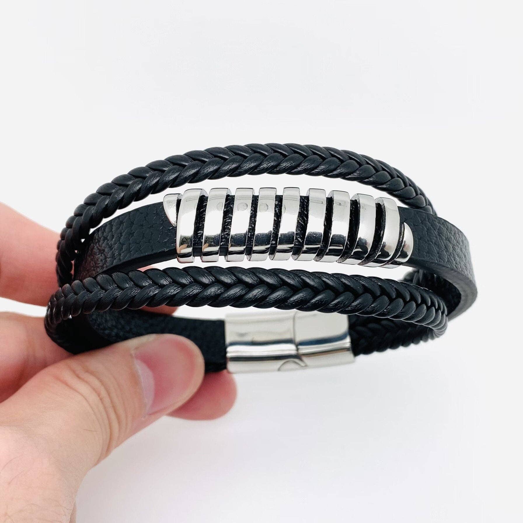 Multi-layer Leather Woven Stainless Steel Bracelet