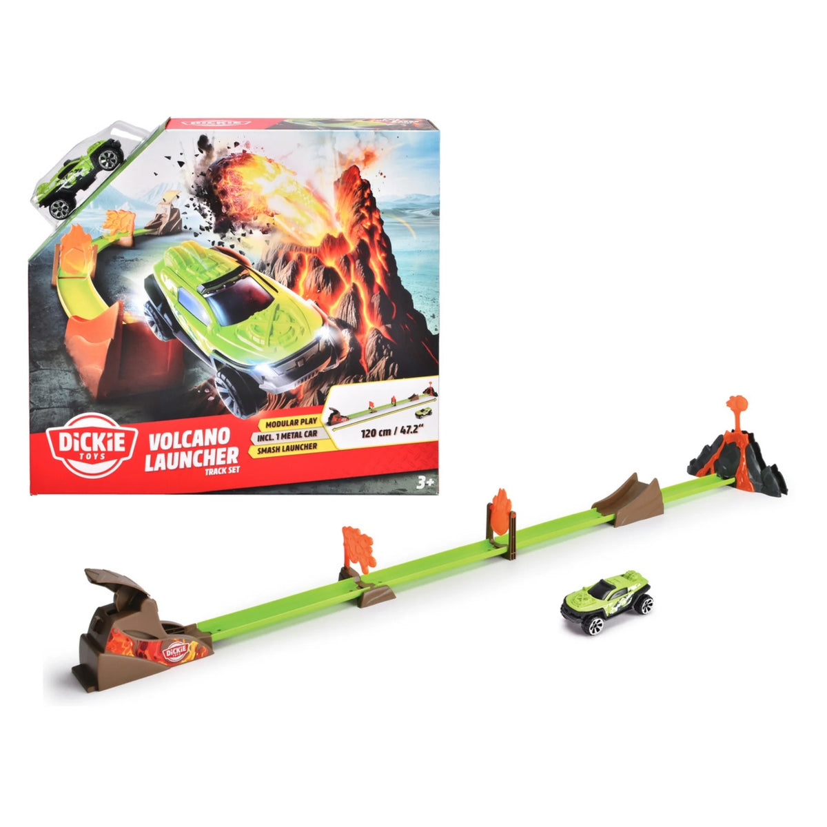 Dickie Toys Volcano and Shark Race Track assortment with launcher mechanism, green track modules, and green race car
