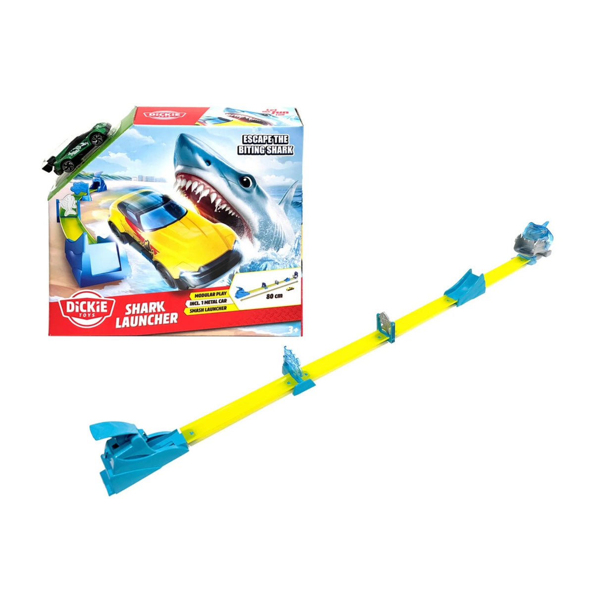 Dickie Toys Volcano and Shark Race Track assortment with launcher mechanism, yellow track modules, and yellow race car