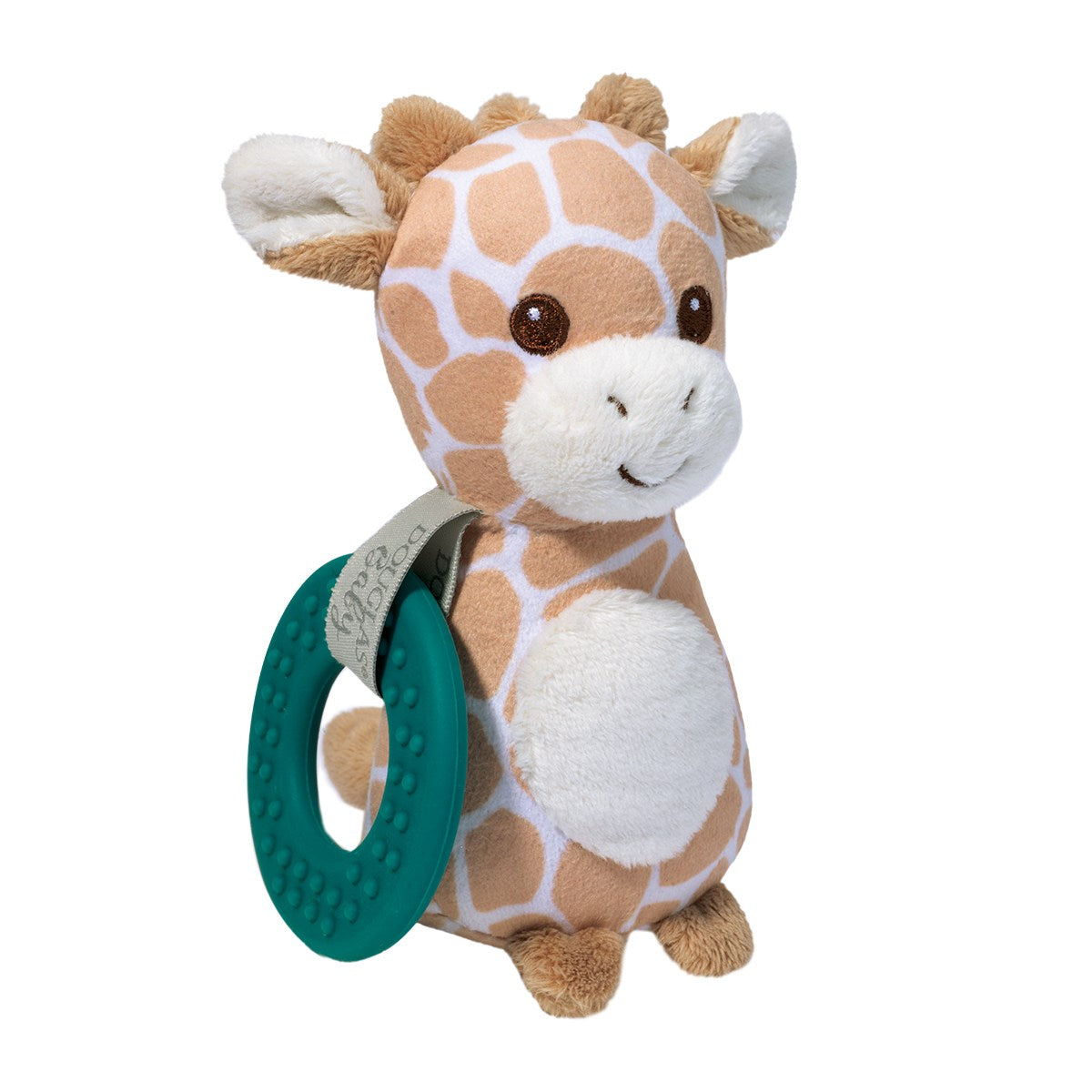 Douglas Co. Georgie Giraffe Playtivity Rattle soft plush baby toy with crinkle spots, silicone teething ring, and embroidered smile