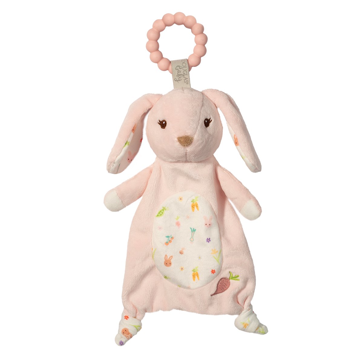 Douglas Co. Parsnip Pink Bunny soft plush teether with silicone teething ring in pink