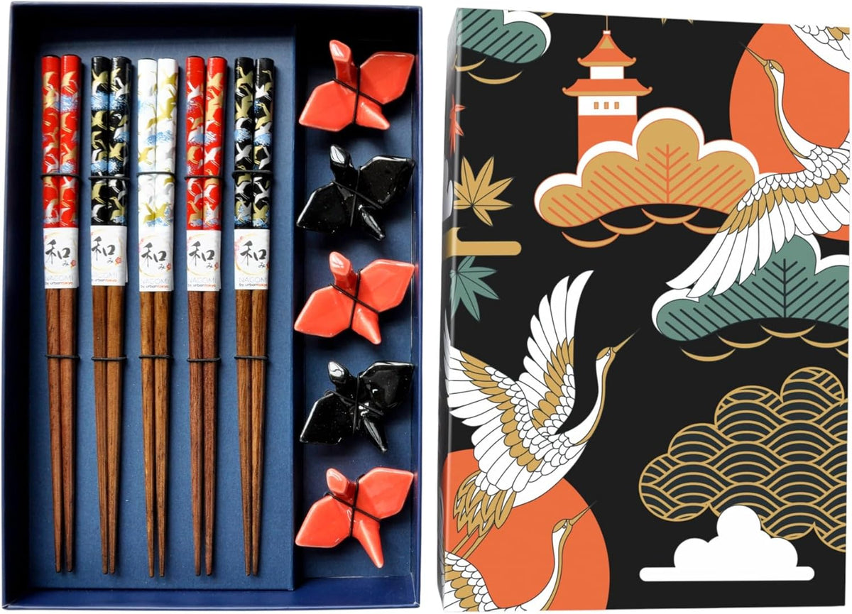 5 Ceramic Crane Rest with 5 Pair Japanese Asian Bamboo Chopsticks Set In Gift Box Packaging