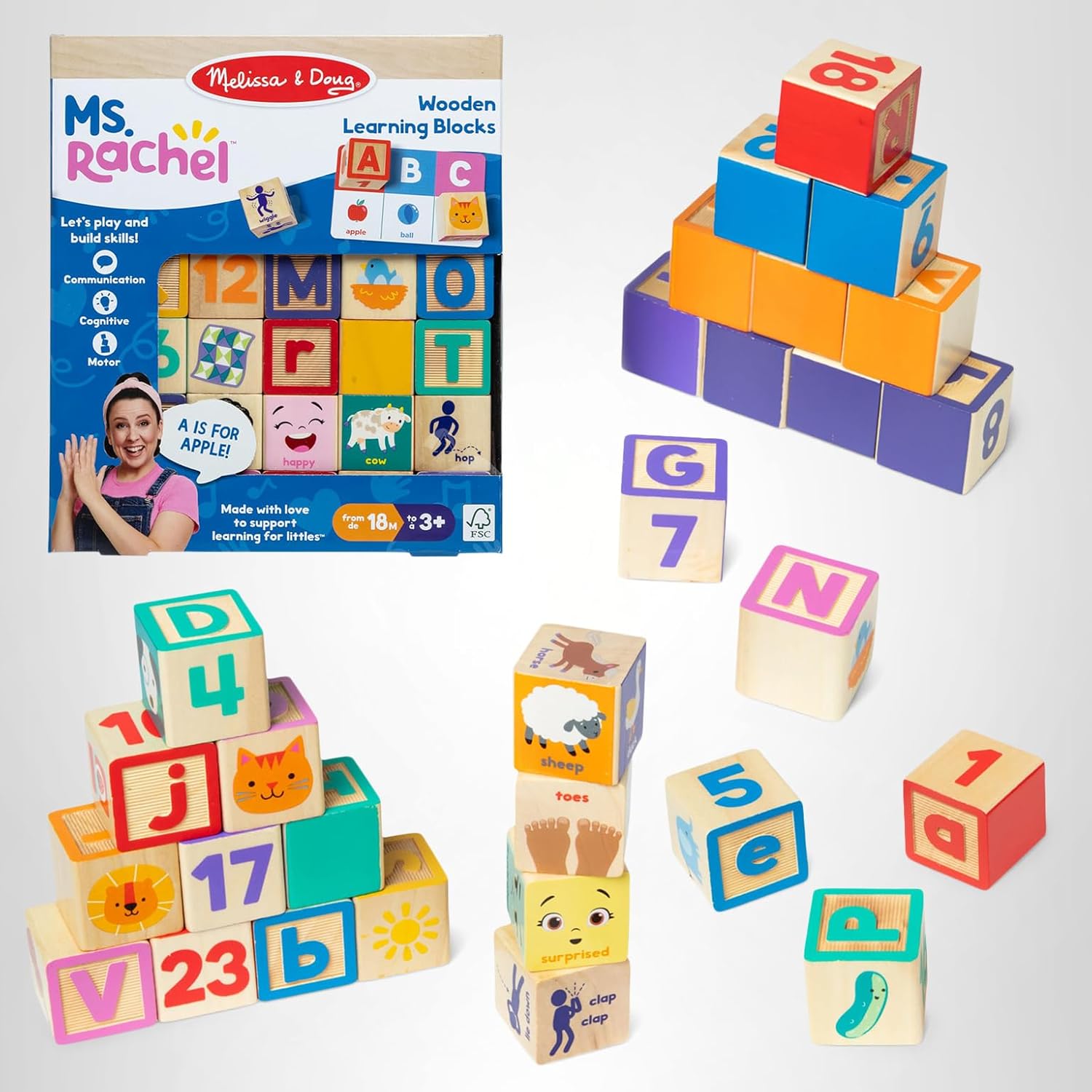 Ms. Rachel Letter, Number, and Game Wooden Learning Blocks with Activity Cards - Melissa & Doug