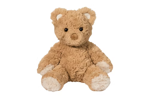 Douglas Co. Arthur medium teddy bear soft plush stuffed animal in golden tan with curly fur, black eyes, and white paw pads, seated upright on white background