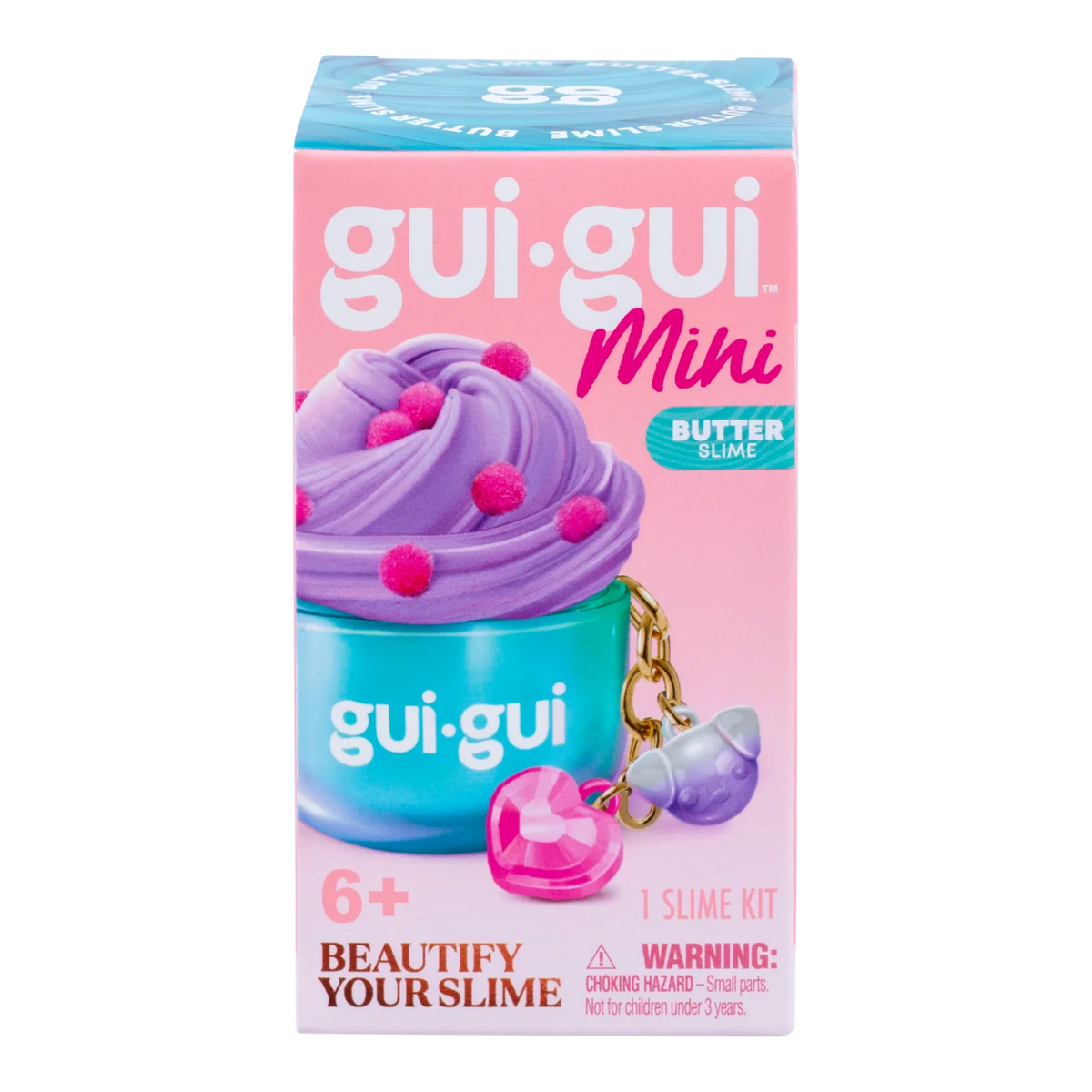 ui Gui Mini Clear Slime kit in purple box with pink transparent slime and watermelon charms, with cat and strawberry charms
