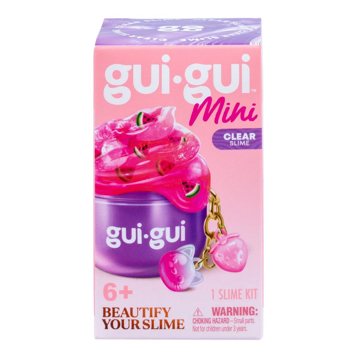 Gui Gui Mini Clear Slime kit in purple box with pink transparent slime and watermelon charms, with cat and strawberry charms