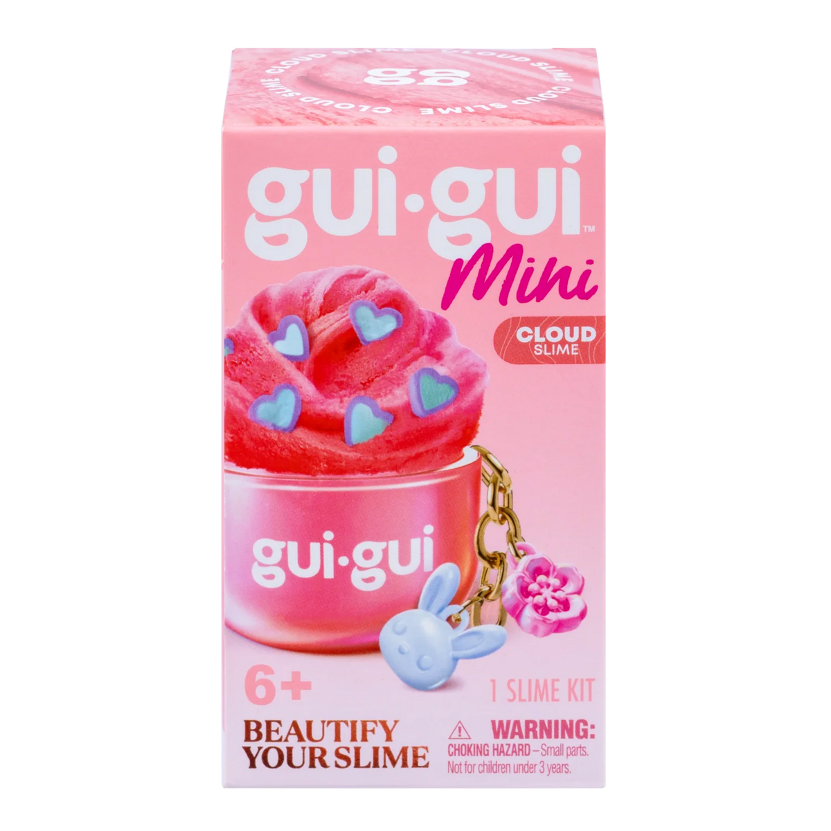 Gui Gui Mini Cloud Slime kit in pink box with fluffy pink slime and blue heart confetti, with bunny and flower charms