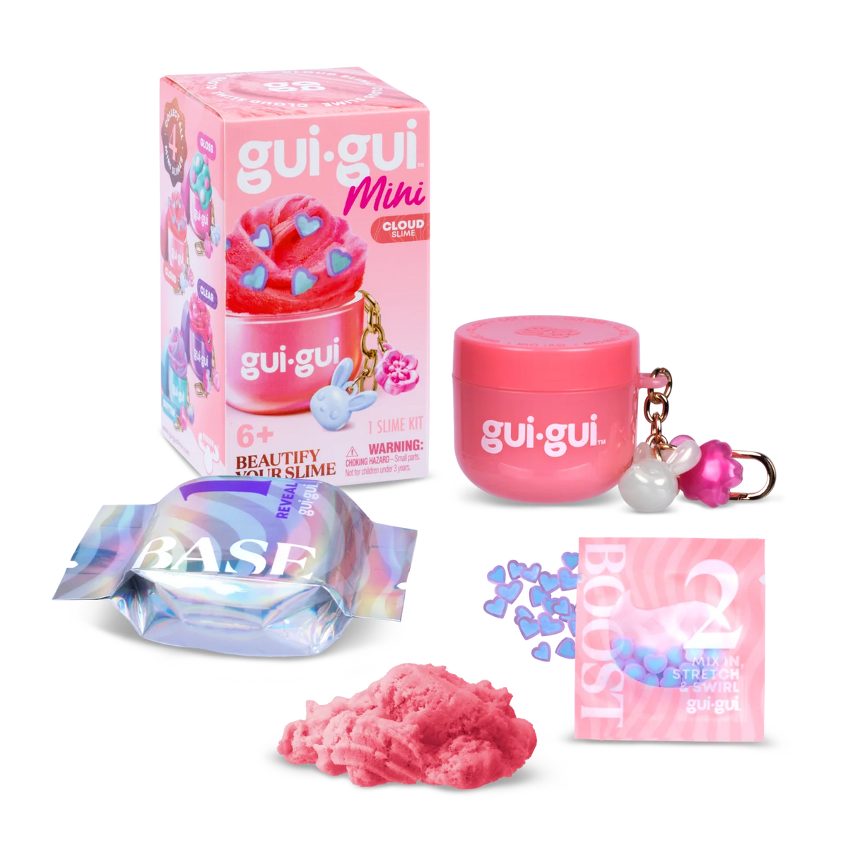 Gui Gui Mini Cloud Slime kit contents including pink jar with charms, holographic base slime packet, pink cloud slime, and heart boost pack