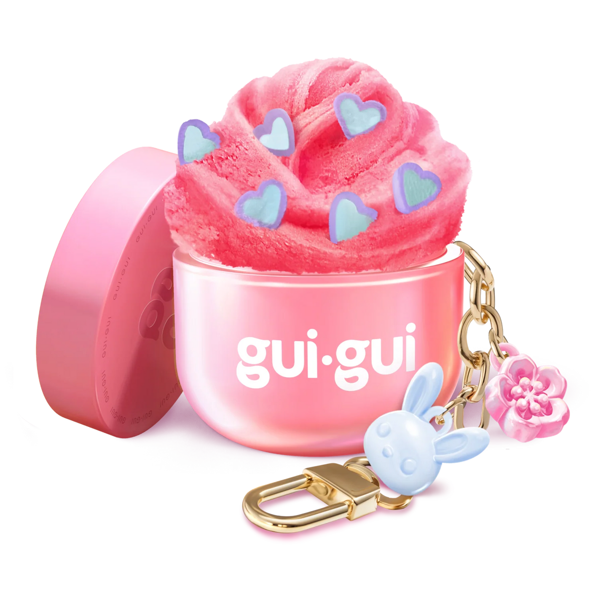 Gui Gui Mini Cloud Slime open pink jar with fluffy pink slime decorated with blue hearts and bunny and flower keychain charms