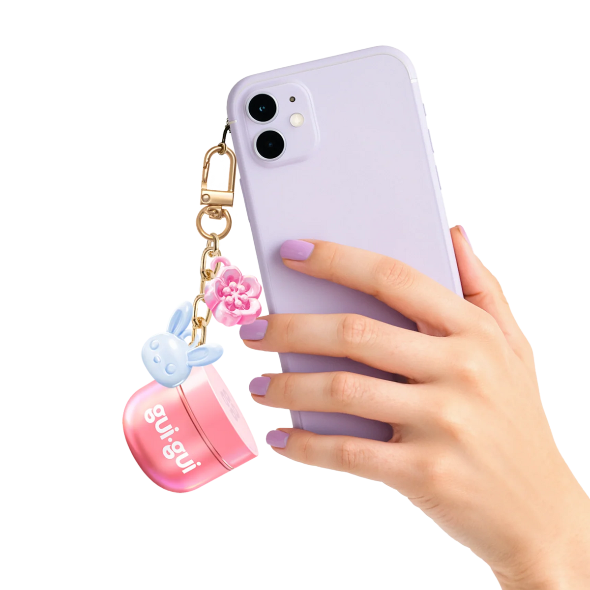 Gui Gui Mini Cloud Slime jar clipped as charm onto back of lavender phone case