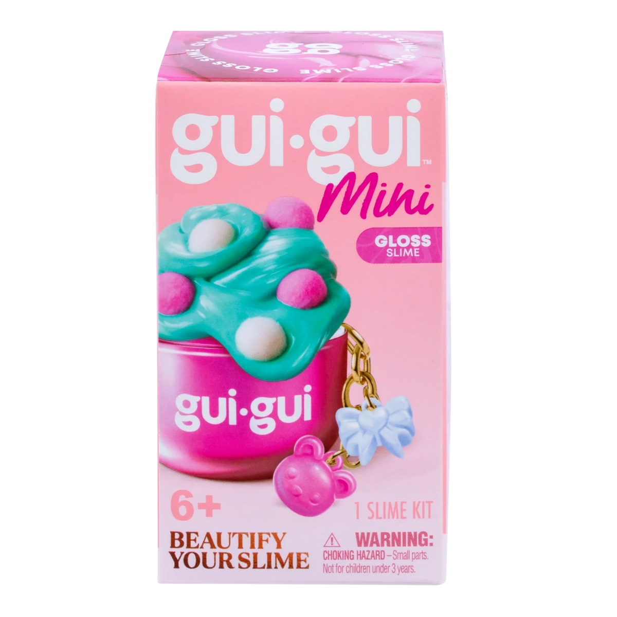 Gui Gui Mini Gloss Slime kit in pink box with teal glossy slime topped with pink and white pom poms, with bear and bow charms