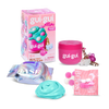 Gui Gui Mini Gloss Slime kit contents including pink jar with charms, holographic base slime packet, teal gloss slime, and pom pom boost pack