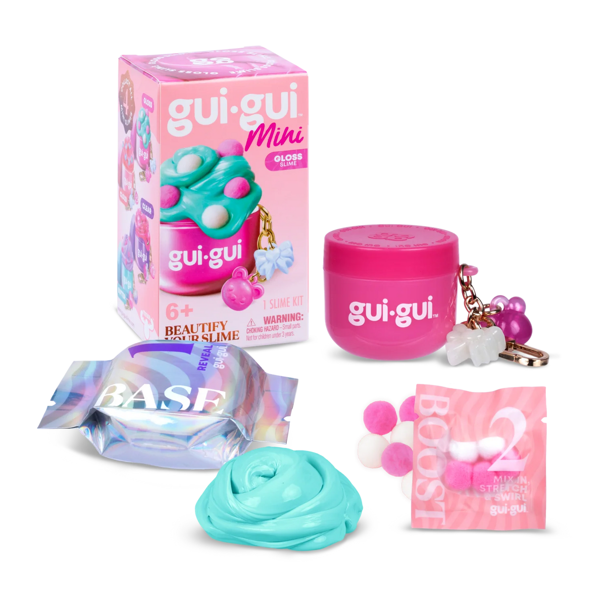 Gui Gui Mini Gloss Slime kit contents including pink jar with charms, holographic base slime packet, teal gloss slime, and pom pom boost pack