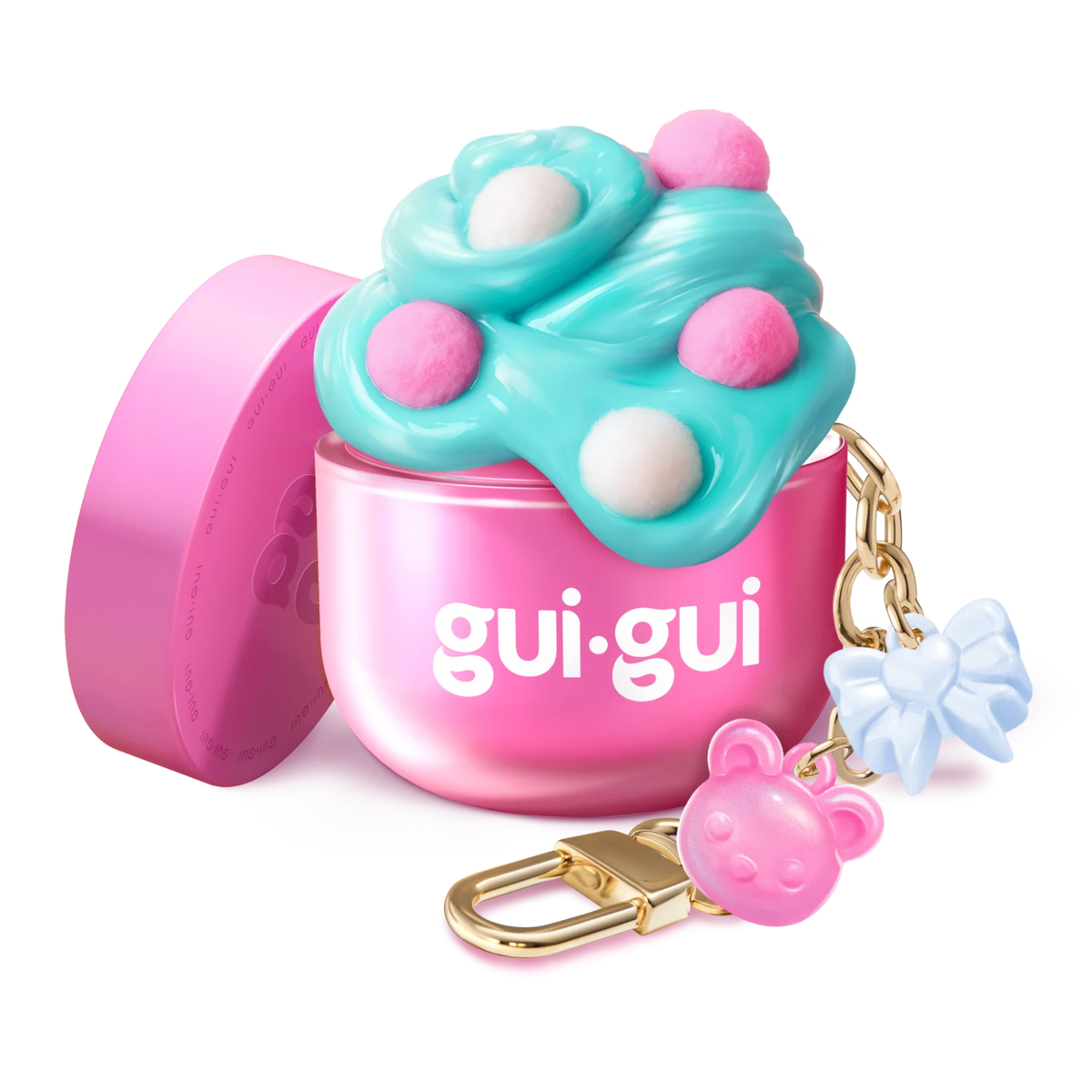Gui Gui Mini Gloss Slime open pink jar with teal glossy slime topped with pom poms and pink bear and blue bow keychain charms