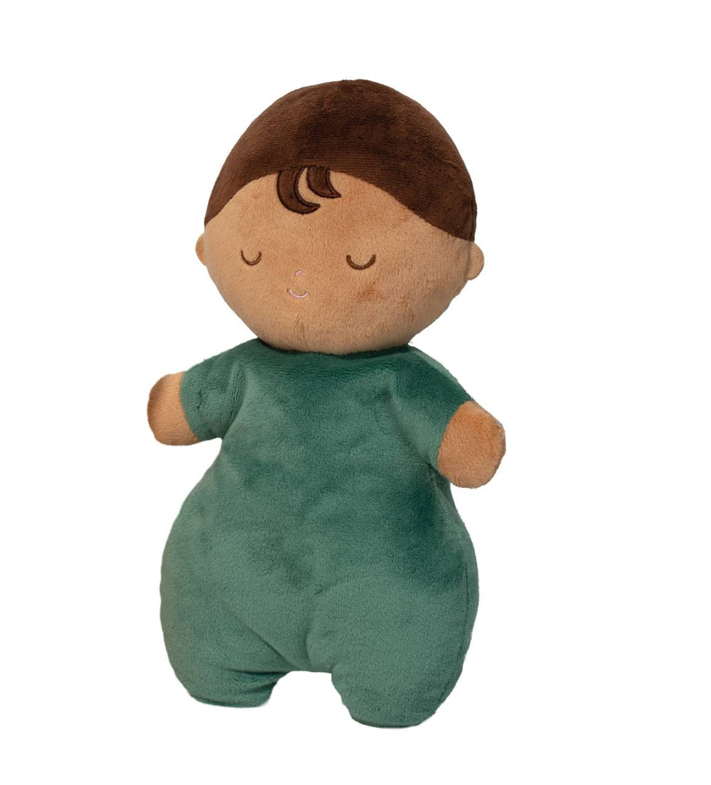 Douglas Co. Baby Fox Hug soft baby doll in woodsy green onesie with gentle embroidered features