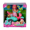 Evi Love Scooter Friends playset box showing doll in pink helmet riding pink and teal scooter with sidecar carrying a cat and dog figure