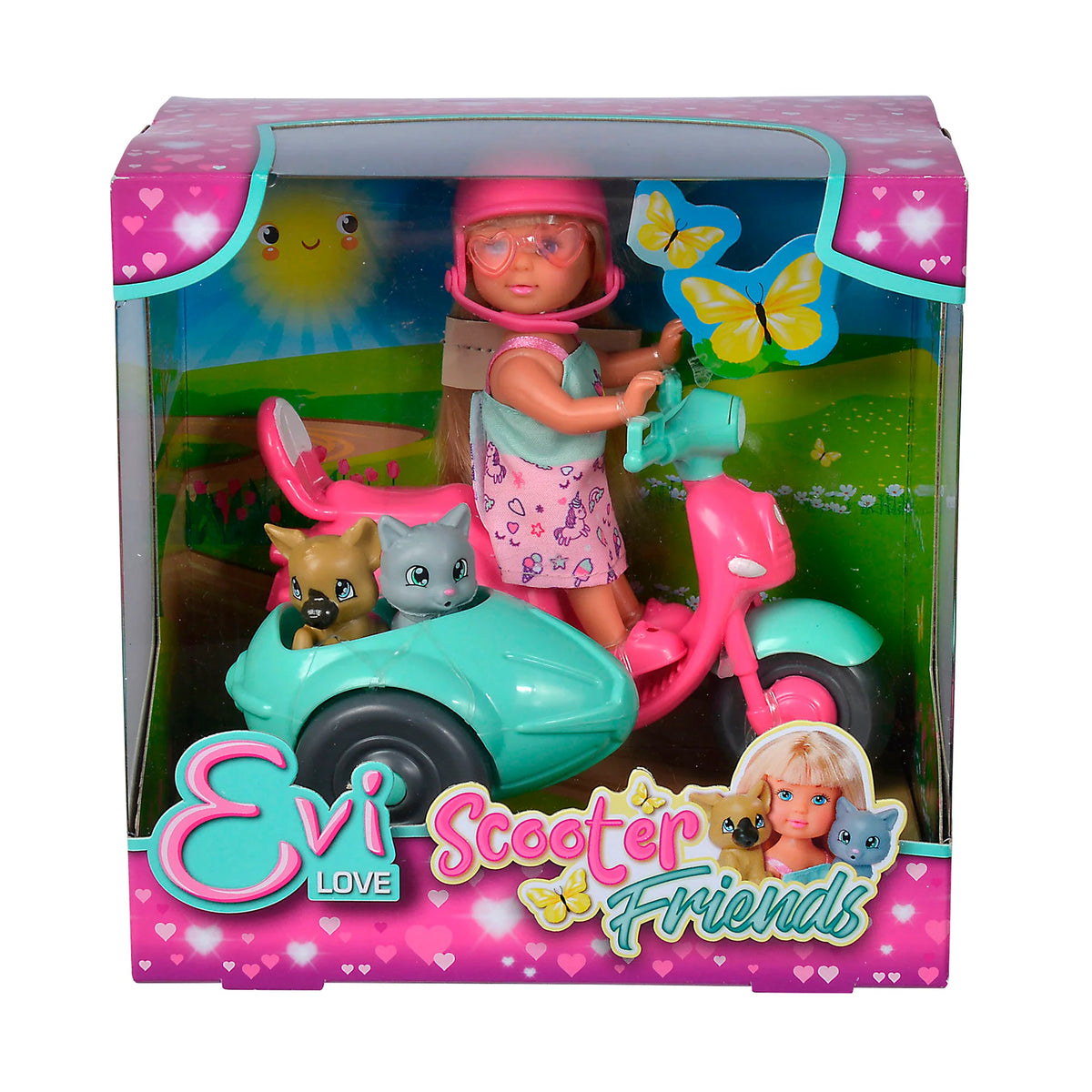 Evi Love Scooter Friends playset box showing doll in pink helmet riding pink and teal scooter with sidecar carrying a cat and dog figure