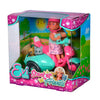 Evi Love Scooter Friends playset box angled view showing pink and teal scooter with sidecar and two pet figures inside packaging