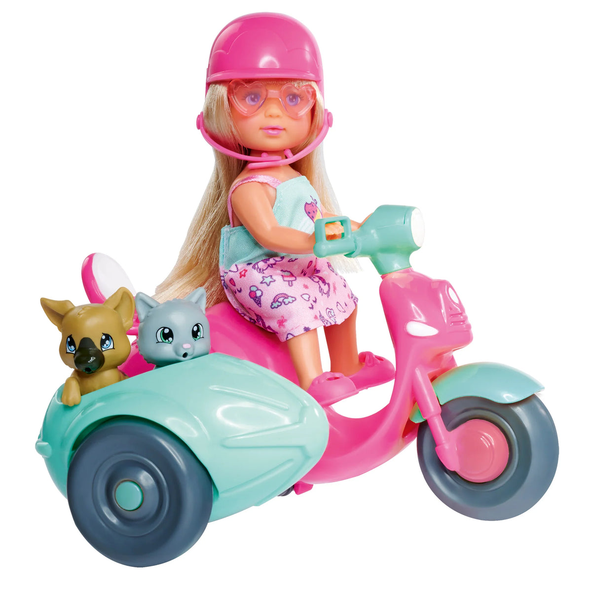 Evi Love blonde doll wearing pink helmet and heart sunglasses riding pink and teal scooter with sidecar carrying gray cat and brown dog figures