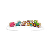 Various farm-themed beads on a white string.