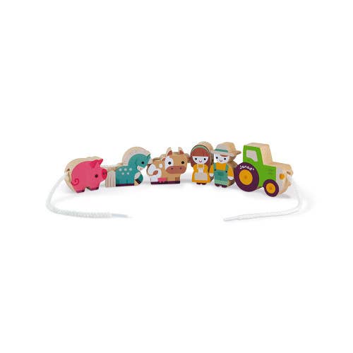 Various farm-themed beads on a white string.