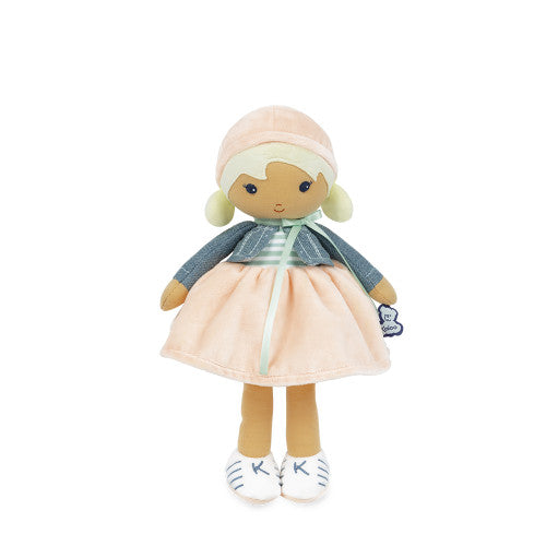 A stuffed doll wearing a jacket and pink skirt.