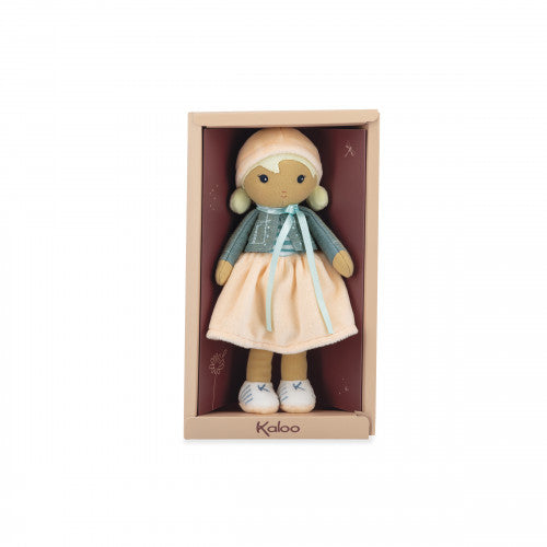 Stuffed doll in a box with 'Kaloo' branding on a white background