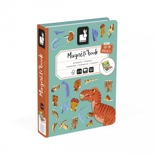 A children's educational toy book titled 'Magnéti'book' with dinosaur illustrations on a light teal cover and orange spine, shown on a plain white background.