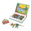 Colorful dinosaur-themed magnetic puzzle set with open box and pieces on a white background