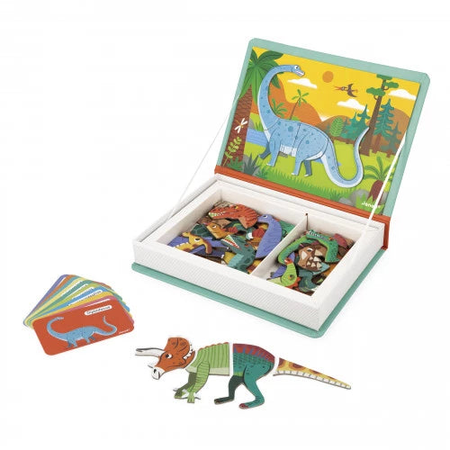 Colorful dinosaur-themed magnetic puzzle set with open box and pieces on a white background