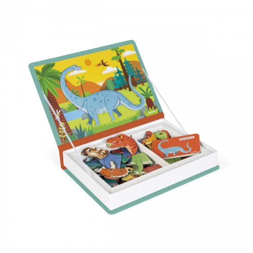 Children's dinosaur puzzle in a colorful box with a cartoon-style illustration of a dinosaur and trees.