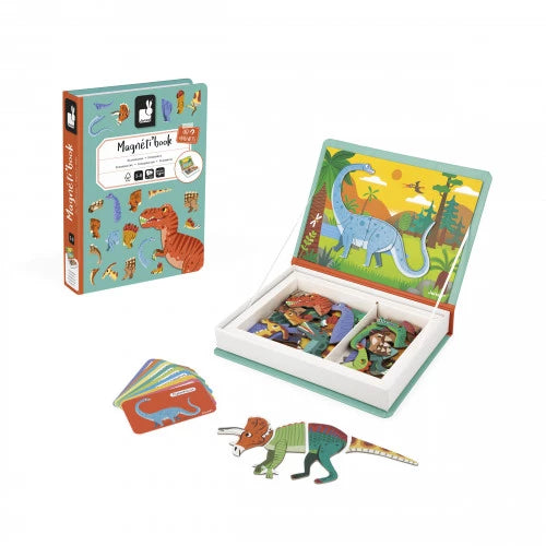 Children's magnetic book with dinosaur illustrations on a white background