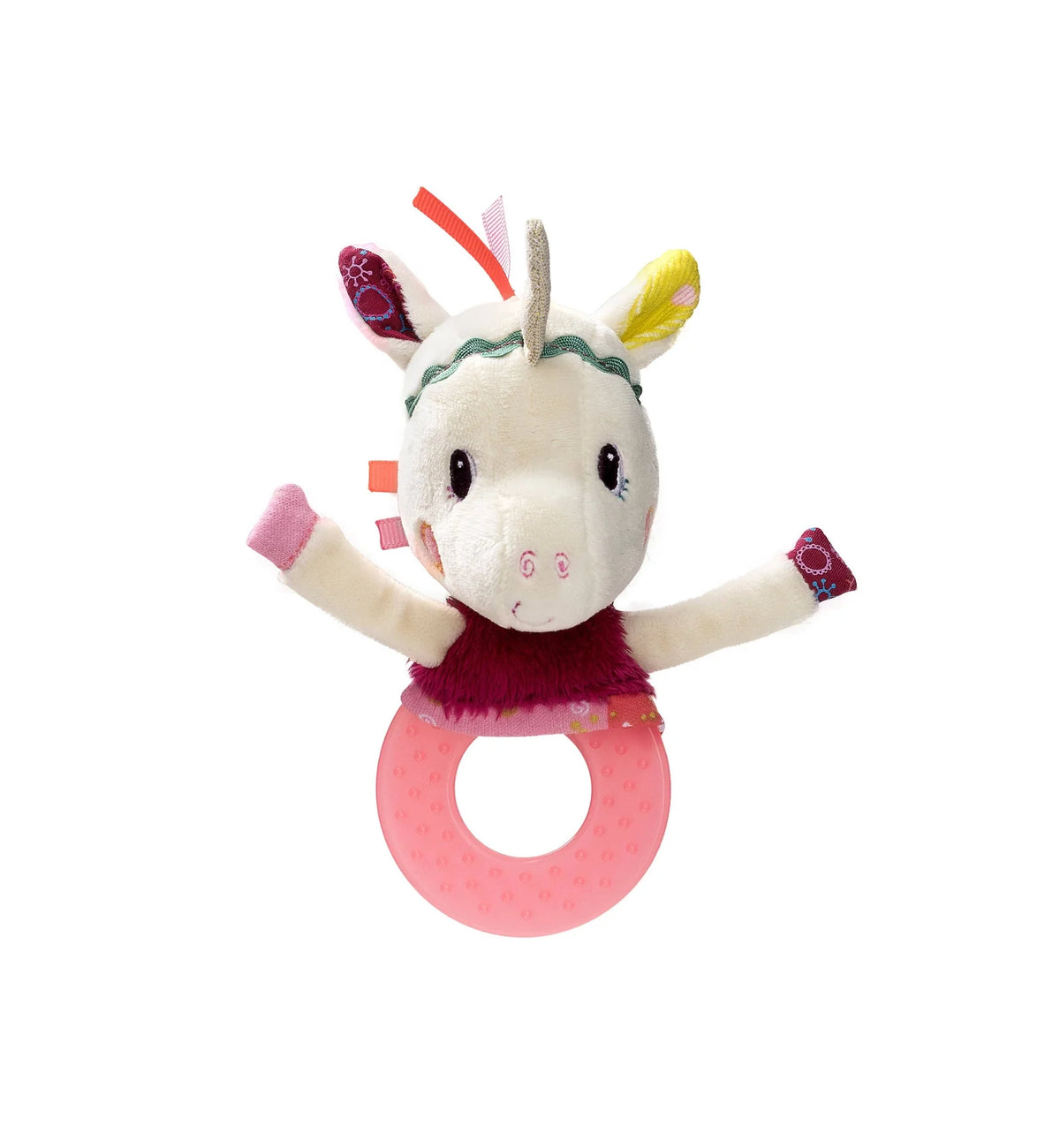 A colorful unicorn teething rattle.